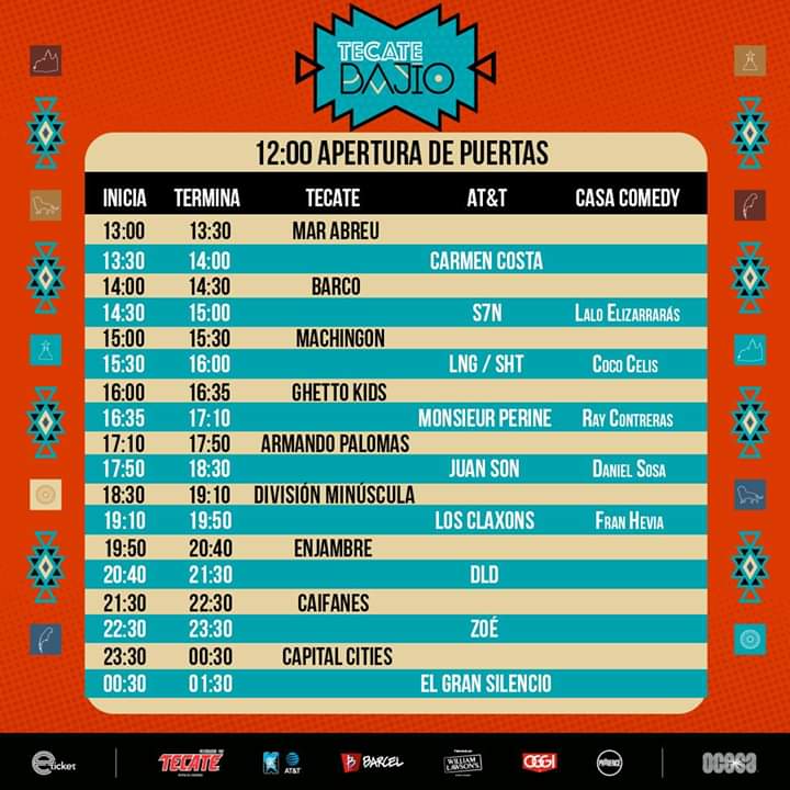 ⚠ Atención ⚠

🤟🏼 ¡Aquí están los horarios para #TecateBajío! 🤟🏼  Ya estamos cerca! 🔥 
Adquiere tus boletos 👉 bit.ly/TecateBajio_18