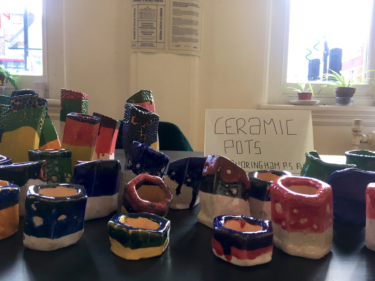 Maslaha's tweet photo. Setting up for our community bazaar with @SandringhamE7 &amp; @RabbitsRd ~ here are some beautiful ceramic pots by Sandringham pupils &amp; a group shot with Mr Cleary &amp; Ms Selman and some Sandringham government members ✨come by @RabbitsRd 12 - 3pm today! https://t.co/8kQmSfFdxJ
