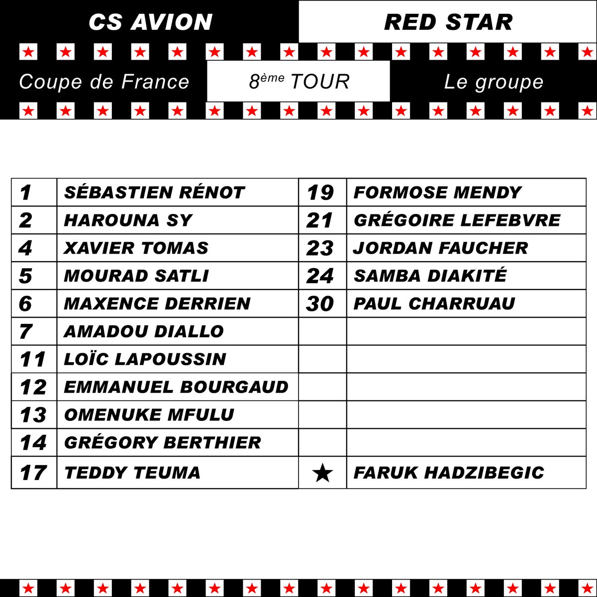 RedStarFC's tweet photo. Voici les 16 joueurs convoqués par Faruk #Hadžibegić pour défier le @CSAFOOT pour le compte du 8ème tour de @coupedefrance 🏆 #NousSommesLeRedStar #AllezRedStarFC #CSARED https://t.co/mVGzfNt0C9