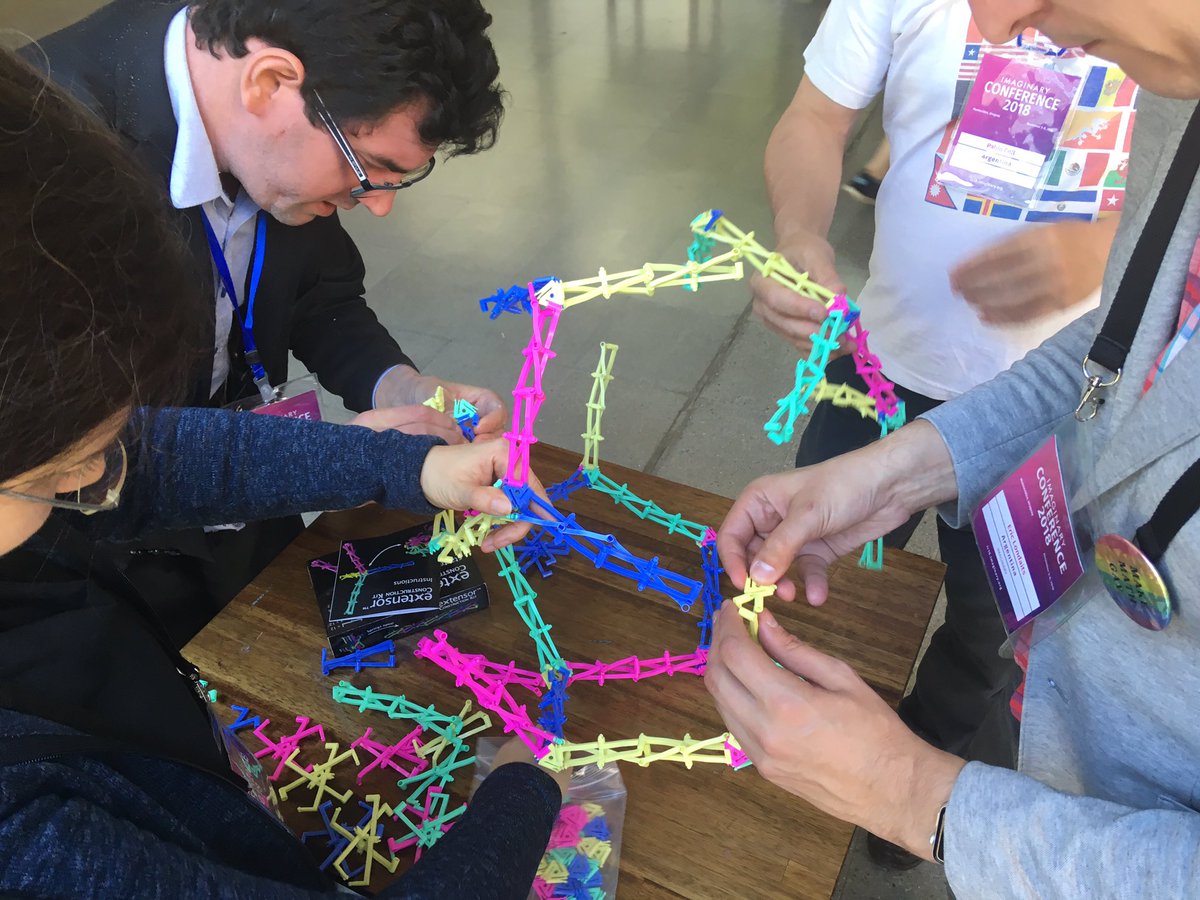 MathMechs's tweet image. Deconstructing an extensor diamond to make an extensor dodecahedron, at the 2018 @imaginary_math conference in Montevideo, Uruguay. #constructionkit #geometry #mathematics #art