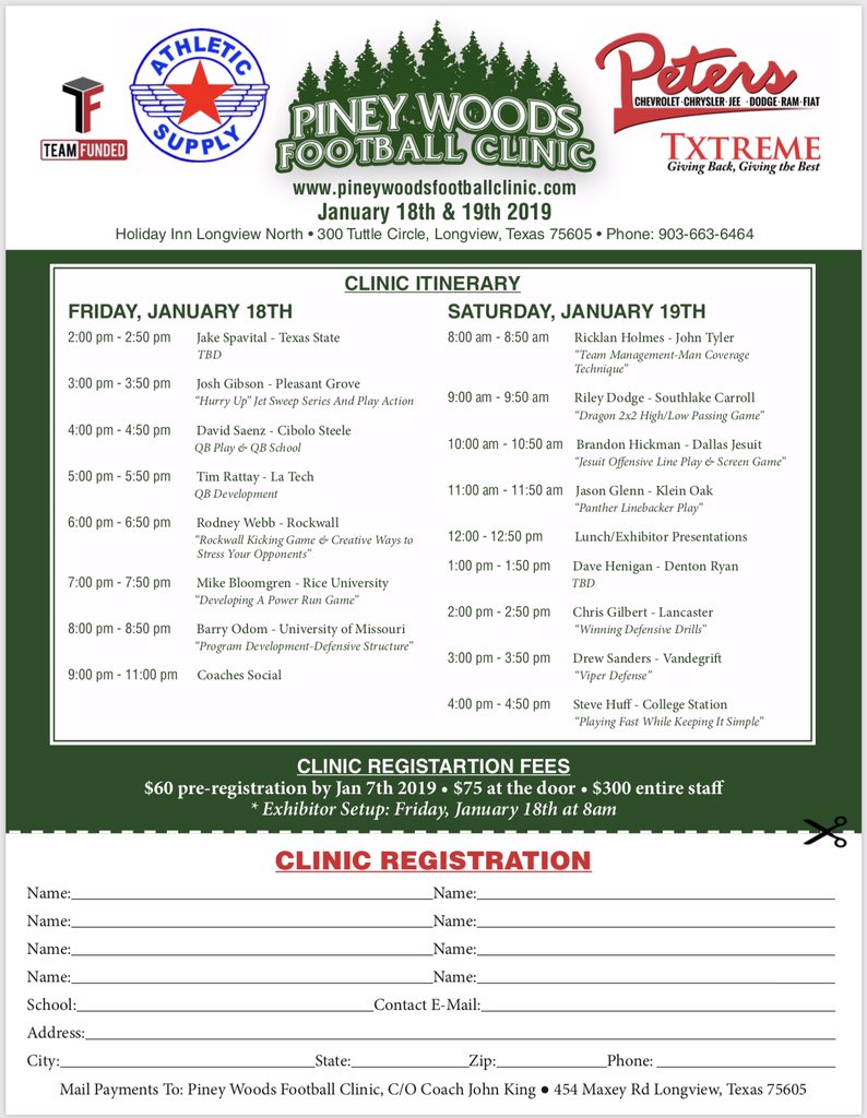 Itinerary is set for the Piney Woods Football Clinic coming up in Longview on Jan 18-19 <a href="/coachjohnking/">LOBO UP</a> <a href="/BSN4211/">Barry Norton</a> @TxtremeL <a href="/billy_robbins53/">South Plains Football Clinic</a> <a href="/SETCA_Coaches/">SETX Coaches Assoc.</a> <a href="/ghfcahouston/">GHFCA Houston</a> <a href="/THSCAcoaches/">THSCA</a> <a href="/RiceAthletics/">Rice Athletics 👐</a> <a href="/Athletic_Supply/">Athletic Supply, Inc                  800-272-8555</a> @hellasconstruct <a href="/MarkPetersCJDRF/">Mark Peters</a> <a href="/ghfcahouston/">GHFCA Houston</a> @AaronHe58911913