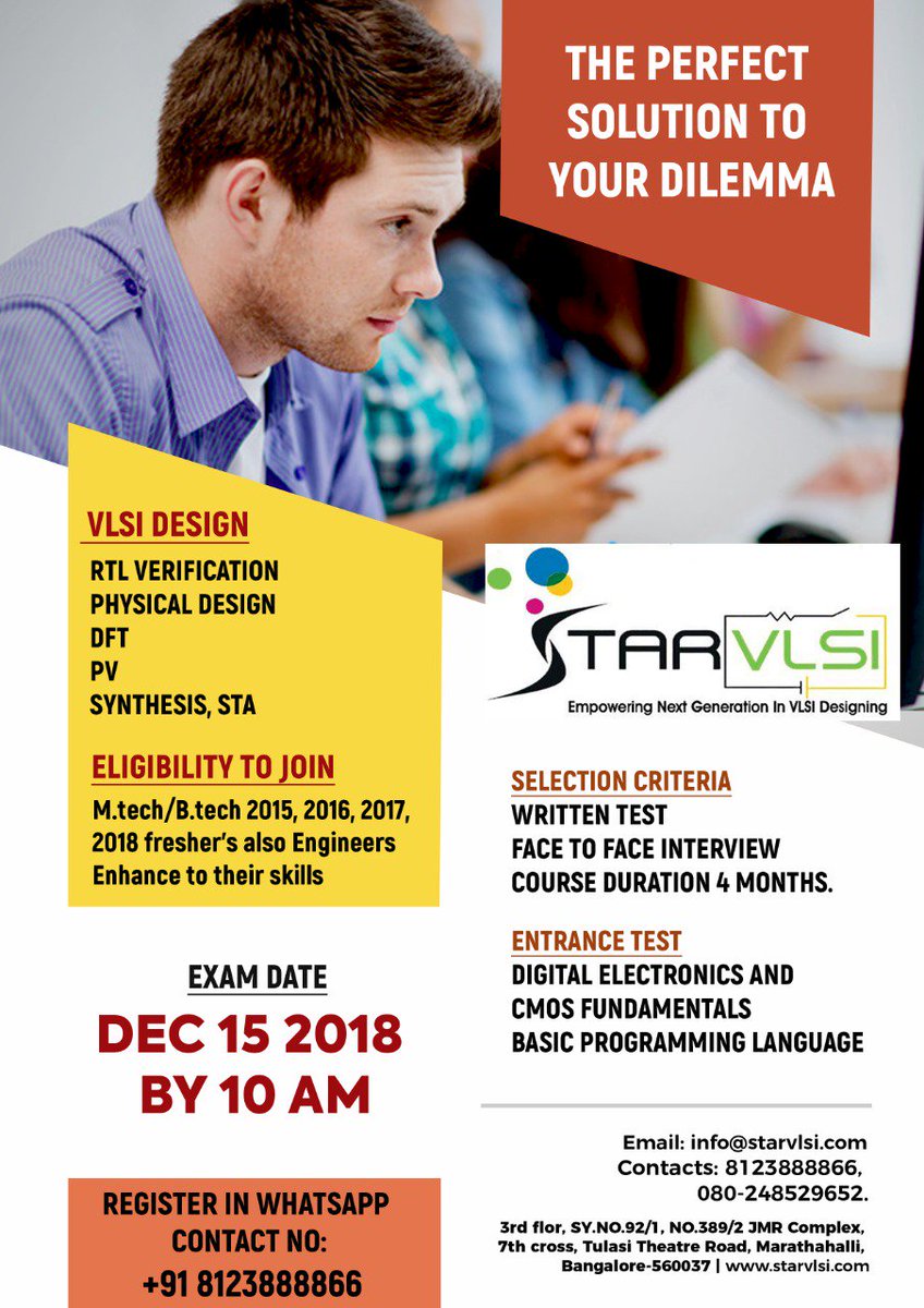 starvlsi's tweet photo. Register your name for written Test on Dec 15, 2018, at StarVLSI to start your career as a VLSI designer. Call us at 8123888866 for more details. Admissions are open.
#starvlsi #vlsi #vlsijobs #vlsibangalore #vlsiinstitutesbangalore #chipdesigning #vlsicareer #vlsiengineer https://t.co/AcY1ecmEyd