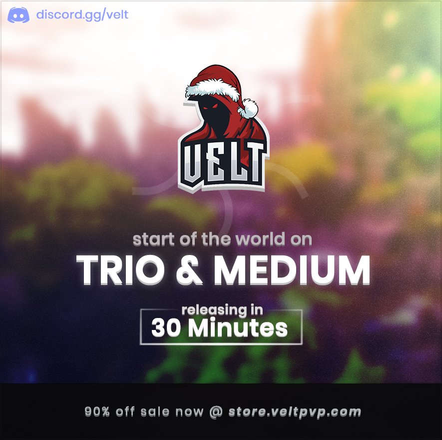 VeltPvP's tweet image. ⏰ Trio &amp;amp; Medium SOTW launches in 30 minutes, we hope to see you there!

🎁 Retweet &amp;amp; Follow us for a chance to win a Value Key Bundle and a $50 Gift Card! 

🎮 veltpvp.com  
📃   
💳 store.veltpvp.com