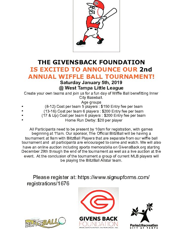 Come join me & support the Givensbackfoundation 2nd annual wiffle ball tournament January 5th 11am dont miss out.This year there will be great mlb memorabilia auctions items on givensback.org & also auction items at the event. This help support communities& baseball kids