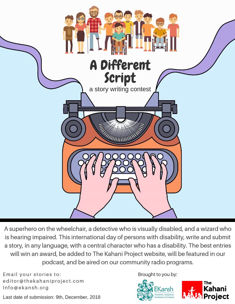 KahaniProject's tweet photo. Stories are pouring in from across #India. Let’s write a different script where people with disabilities solve mysteries, go on adventures, start revolutions, and save the world. Win prizes and get featured on our website. #stories #Disability #Writers https://t.co/3h10UiZSmO