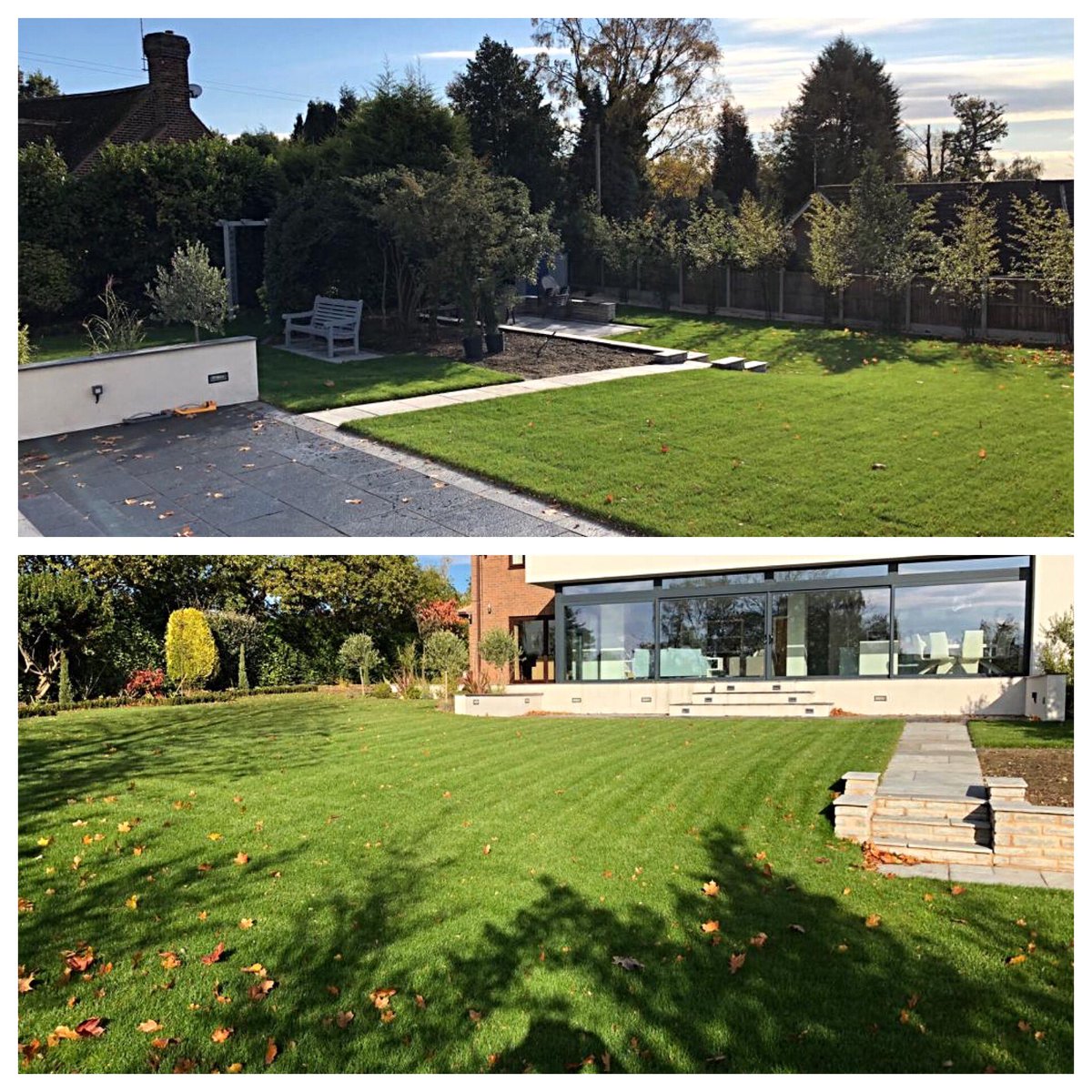 These 2 new patios laid by us, using Grey Natural Stone Paving, Natural Stone Walling and Limestone sets. Turf laid by WD Mitchell Landscapes all materials from <a href="/TurfElliott/">Elliott’s Turf</a> #patio #turf #nottinghamlandscapers