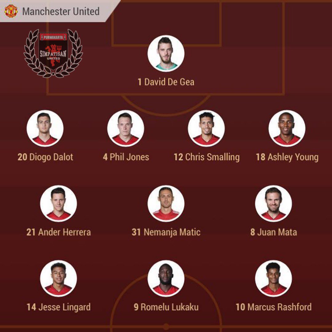 Man United XI: De Gea; Dalot, Jones, Smalling, Young (c); Herrera, Matic; Mata, Lingard, Rashford; Lukaku.

Subs: Romero, Rojo, Shaw, Fellaini, Fred, McTominay, Pogba. 

Comeon boys!!

#WEAREUNITEDID 
#YOUC1000ISOTONIC 
#SIMPATISANUNITED