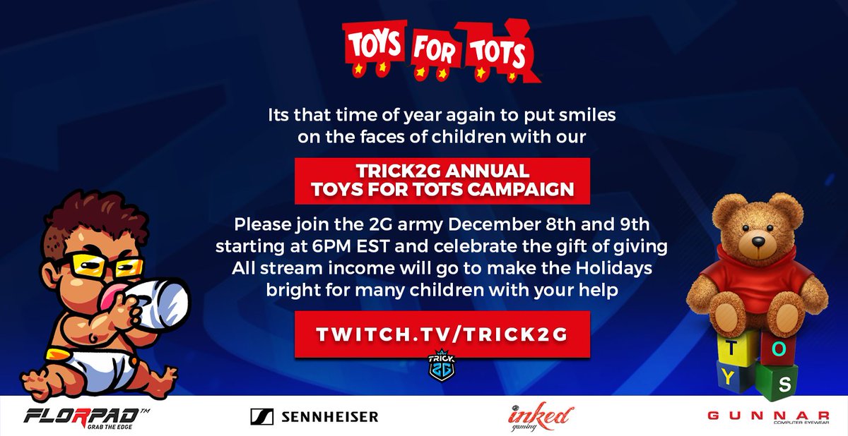 Day 1 tonight @ToysForTots_USA all stream income for the kids. Giveaways by @SennheiserGamer @InkedPlaymats @SpearheadMtl @OfficialFlorpad @HondaRichmond @GUNNAROptiks plus many more starting 6PM EST #ToysForTots Lets do this!!
http://twitch.tv/trick2g