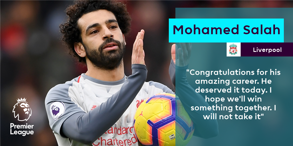 premierleague's tweet photo. A great performance for @MoSalah but a memorable occasion for @JamesMilner

The Egyptian gives his match award to @LFC team-mate on a landmark day

#BOULIV https://t.co/05tSTPDk6C
