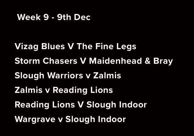 Fixtures for Sunday's indoor league!