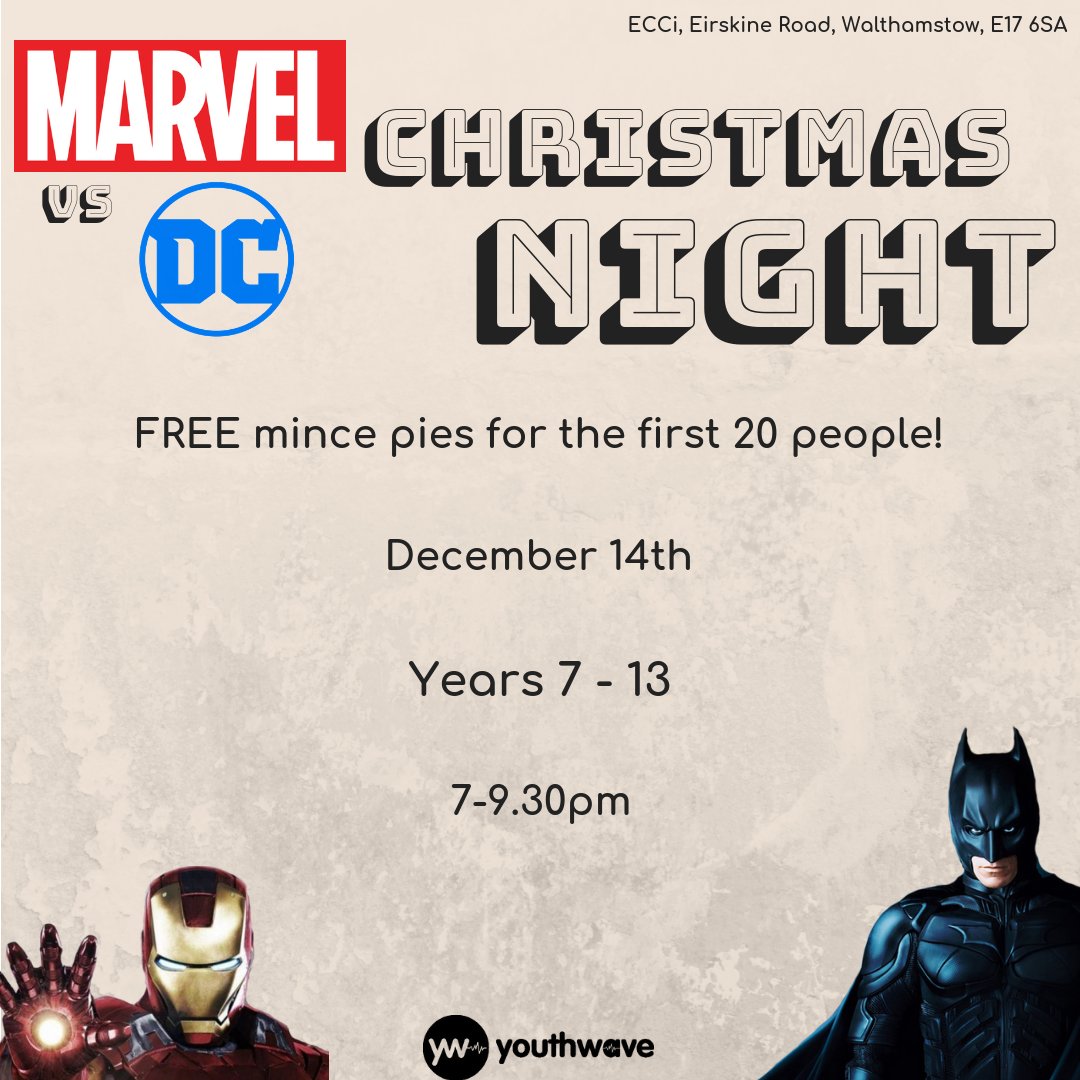 ATTENTION! This year's Christmas party is fast approaching! Come dressed as your favourite Marvel or DC character &amp; make sure to bring a friend! See you there 🎉🎉🎄