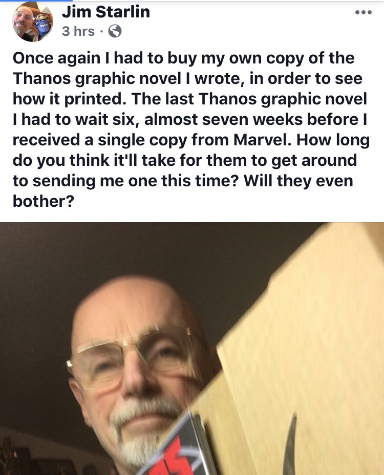 dano_cosmic's tweet photo. .@Marvel &amp; @CBCebulski, why does #JimStarlin need to order his own book?  From his FB page.
✨
#Thanos: The #InfinityConflict 
#AlanDavis #MarkFarmer #JimCampbell
✨
#MadTitan #MarvelCosmic https://t.co/7DdjU7EAFk