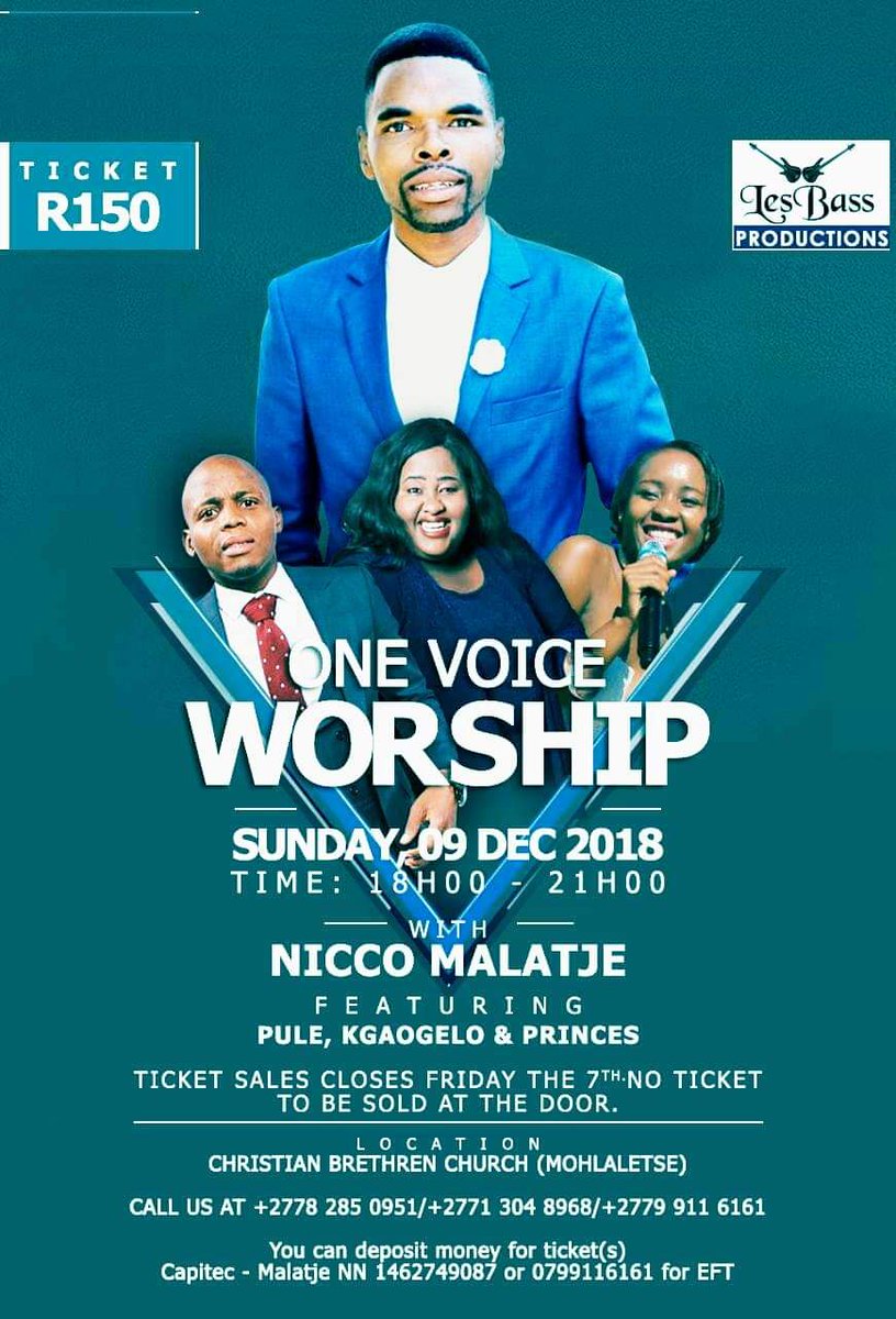 PasJeff1's tweet photo. Good Morning Family.
This is how our Sunday will be wrapped up. 
#Christian_brethren_Church_(Mohlaletsi)
#One_Voice_Worship.
#kgaogelo_Kekana_the_award_winner.
#Mangeloi.
Tickets still available only R150,
Make sure you don't miss out. https://t.co/CV7ZItQ5Rk