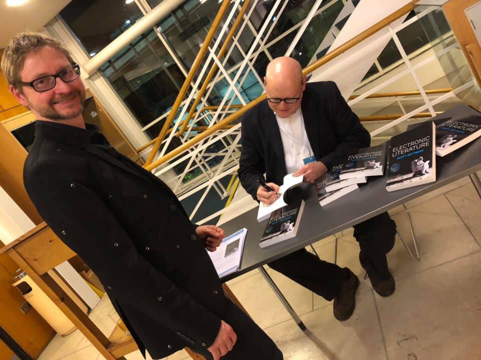 scottrettberg's tweet photo. We had a great time launching Electronic Literature, now published by @politybooks, last night during the International Conference for Interactive Digital Storytelling conference at Trinity Colllege Dublin #icids2018 https://t.co/w0apVnv8FF