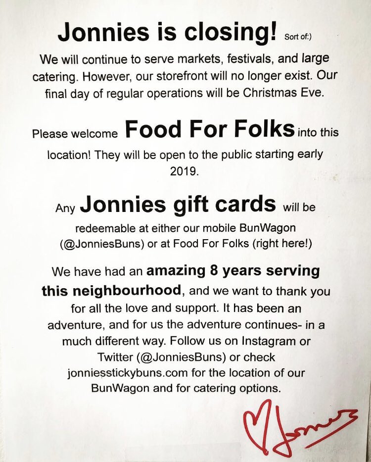 Signs going up at Jonnies today! Come by for a visit, a freezer pack, a bunwich, and a coffee:) #jonniesbuns