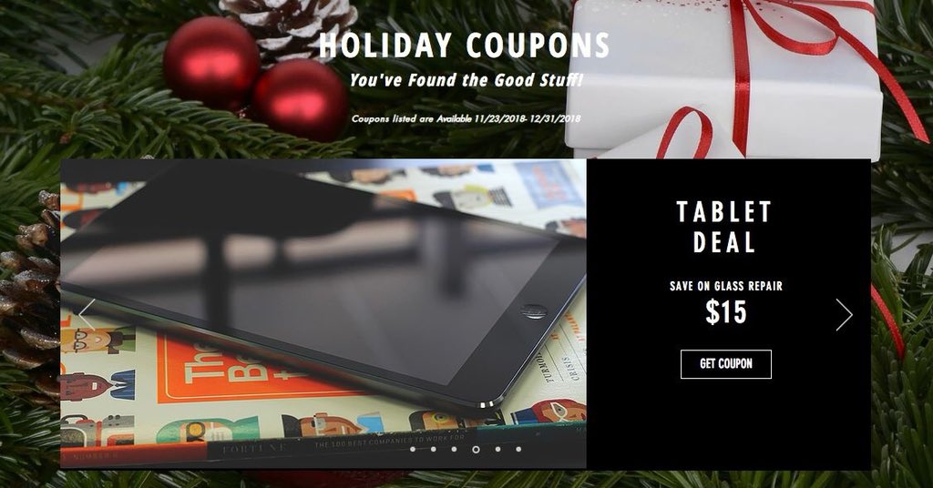 TwistedTechIT's tweet photo. 🎁Holiday Coupon: Expires 12/31/2018.

•$15 off any tablet screen repair.

Get the promo code &amp; view other coupons: 
https://t.co/1Rjat19rL2 https://t.co/Uuo5JOw07u