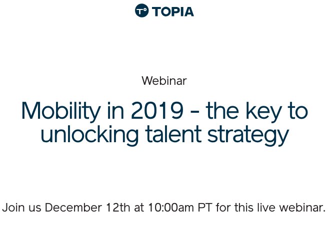 [Dec 12th Webinar — critical role #mobility plays in #recruitment, retention and career growth ] Panel: Jennifer Farris (CEO of <a href="/gosquadley/">Squadley</a>), Matthew Burns (Tullow International HR Consulting), Danae Bentley (<a href="/Topia_Official/">Topia</a>) Register here > hrmfv.co/2w0e