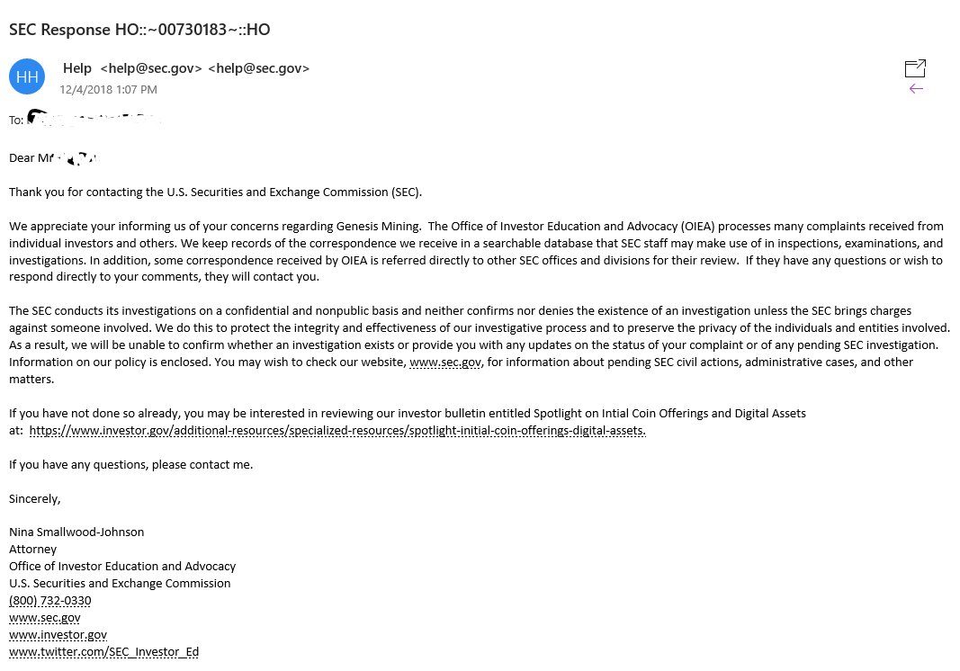 <a href="/GenesisMining/">GENESIS Mining</a> I heard back from <a href="/SEC_Enforcement/">SEC Enforcement</a> about my complaint to GM.