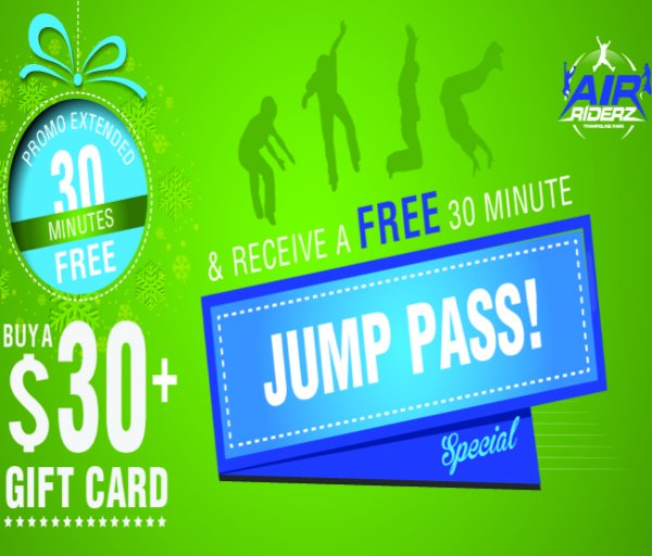 AirRiderz's tweet image. Purchase a $30 gift card and get a 30 minute jump pass free! Head over to our website to purchase today. Makes a great gift over the holiday season! #AirRiderz #30for30 #purchaseonline #giftcard #purchasetoday #gift #present #Christmas