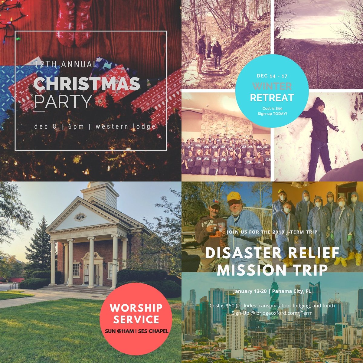 thebridgeMU's tweet photo. Classes might be done for the semester but we still have plenty to do!

TONIGHT: Christmas Party in Western Lodge @ 6pm

Tomorrow: Worship @ 11AM in SES

Plus, there is still time to sign up for Winter Retreat (https://t.co/sysYsGRtQk) and our JTerm Trip (https://t.co/nPnJF0oUcn) https://t.co/ht5R1Mej7d