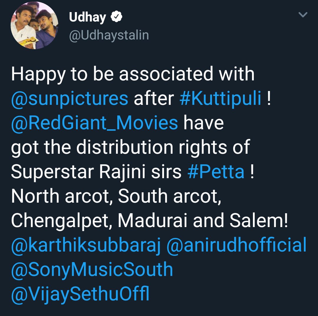 Aadhan_Tamil's tweet photo. Star @Udhaystalin Confirms News That @RedGiant_Movies Has Bagged The Distribution Rights Of #Petta 🔥

#PettaPongalParaak #pettaparaak #PettaAudiofromDec9th #Kaali
#Thalaivar #SUPERSTAR #Rajinikanth #SuperstarRajinikanth @rajinikanth @karthiksubbaraj @sunpictures https://t.co/wnjCfiJxho