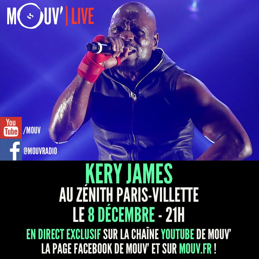 Ce soir, @KeryJames sera au Zénith de Paris et tu peux mater le concert en exclusivité à partir de 21h sur http://mouv.fr ! 🎤✊