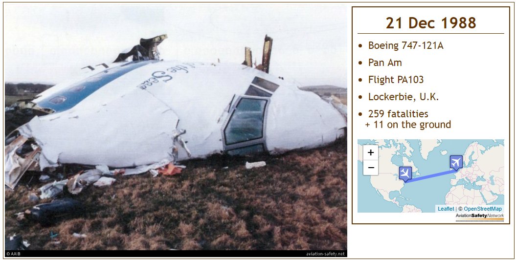 Aviation Safety Network (ASN) no Twitter: "30 Years ago today Pan Am flight 103, a Boeing 747-100, crashed at Lockerbie, Scotland following the detonation of an improvised explosive device and subsequent in-flight