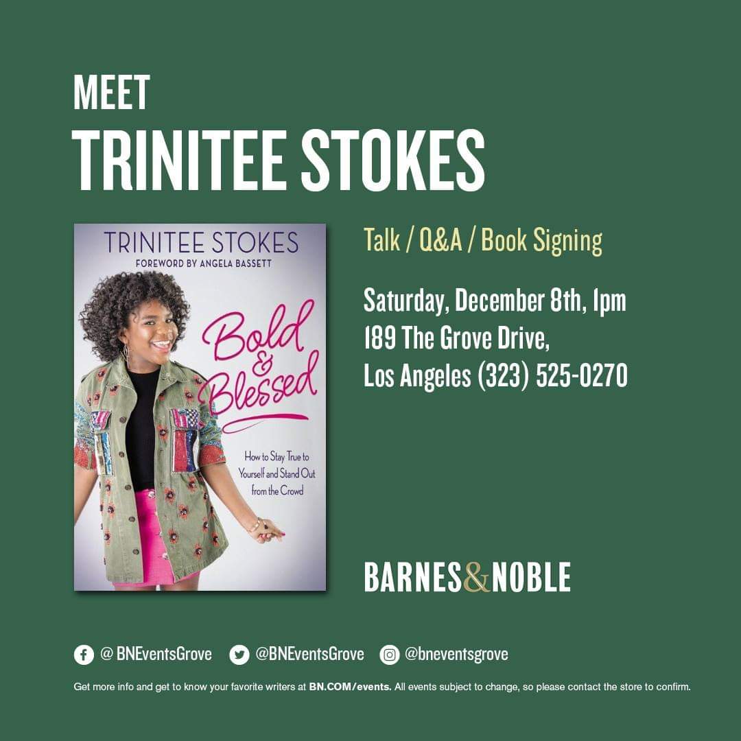 BNEventsGrove's tweet photo. JOIN US TODAY!!!
December 8th at 1pm when we welcome singer, inspirational speaker, fashion designer and actress @the_trinitee Stokes to celebrate "Bold and Blessed: How to Stay True to Yourself and Stand Out from the Crowd". https://t.co/gSUxE5VTC0
#BoldandBlessed #BNbuzz https://t.co/x9VAPK5dNr