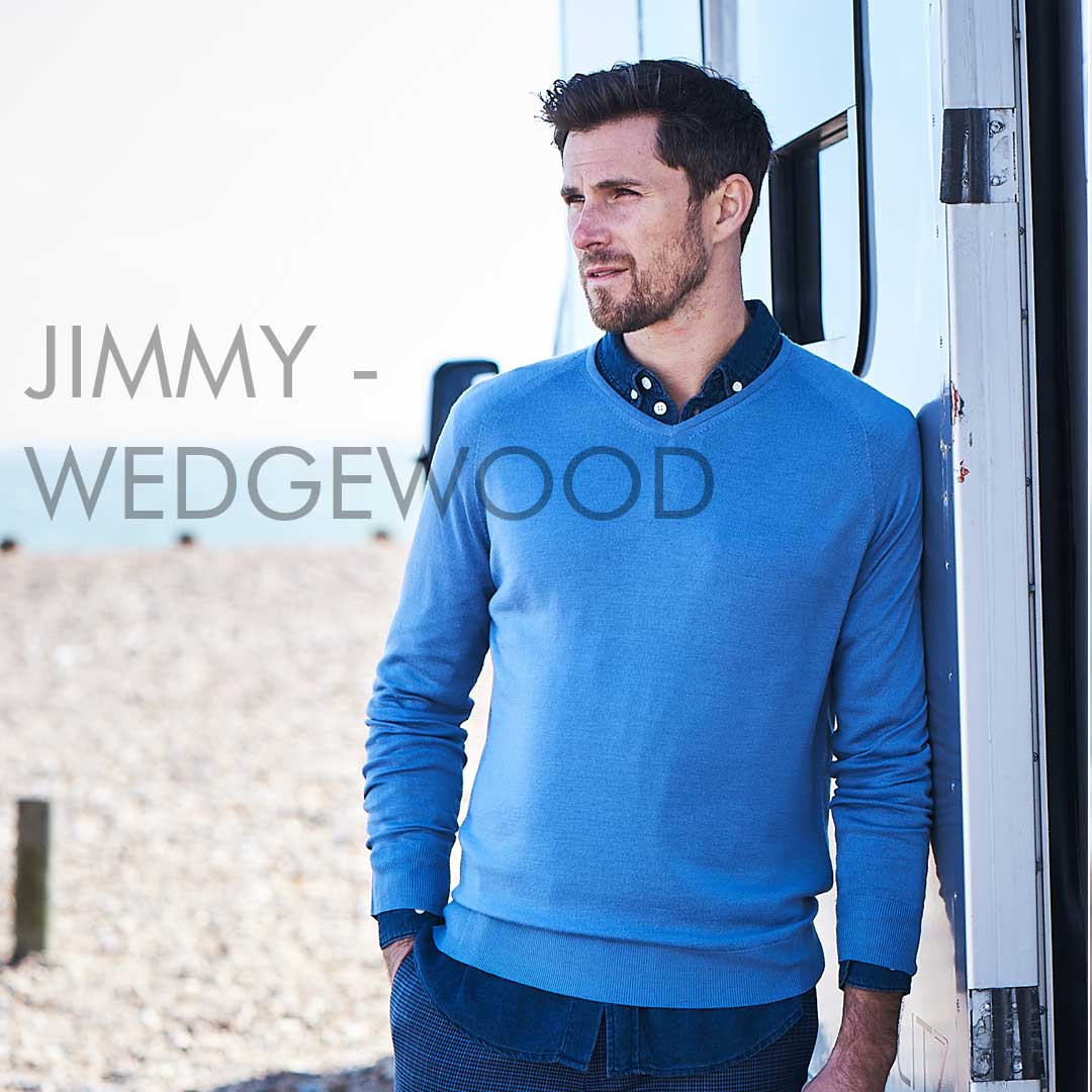 Slaith_UK's tweet image. The style is Jimmy, a shallow V neck which works great over any shirt. The shade is Wedgewood, a soft blue which suits a variety of skin tones. #Slaith #fashion #style #knitwear #madeinUK
