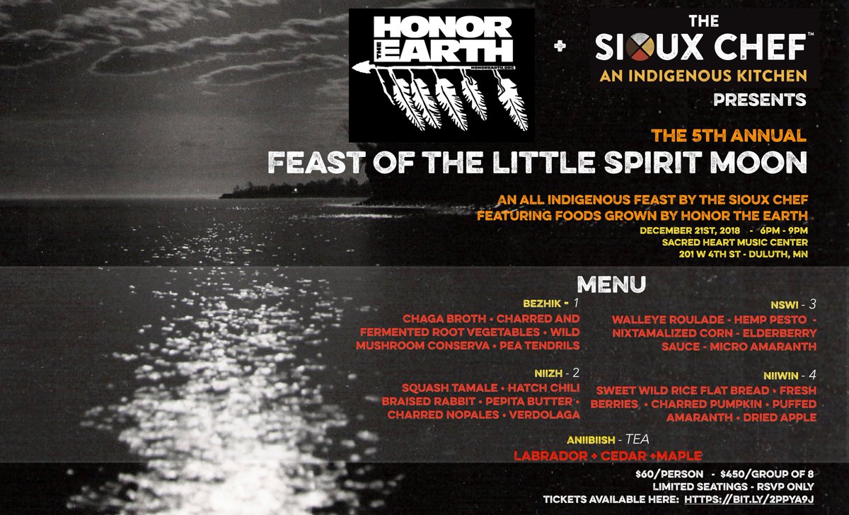 Looking forward to our 5th Annual MANIDOO GIIZISOONS FEAST (Feast of the Little Spirit Moon) with our good friends at @HonorTheEarth in Duluth, MN this DEC 21! Ticket link is here: bit.ly/2PpYa9j