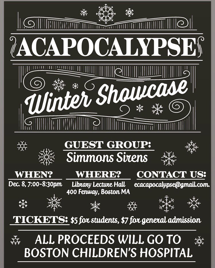 TONIGHT IS THE NIGHT! Join us in the Emmanuel College Library Lecture Hall at 7pm for our annual Winter Showcase featuring special guest groups, Distilled Harmony and Simmons Sirens! Tickets are 5$ for EC students and 7$ for general admission! Hope to see you there!