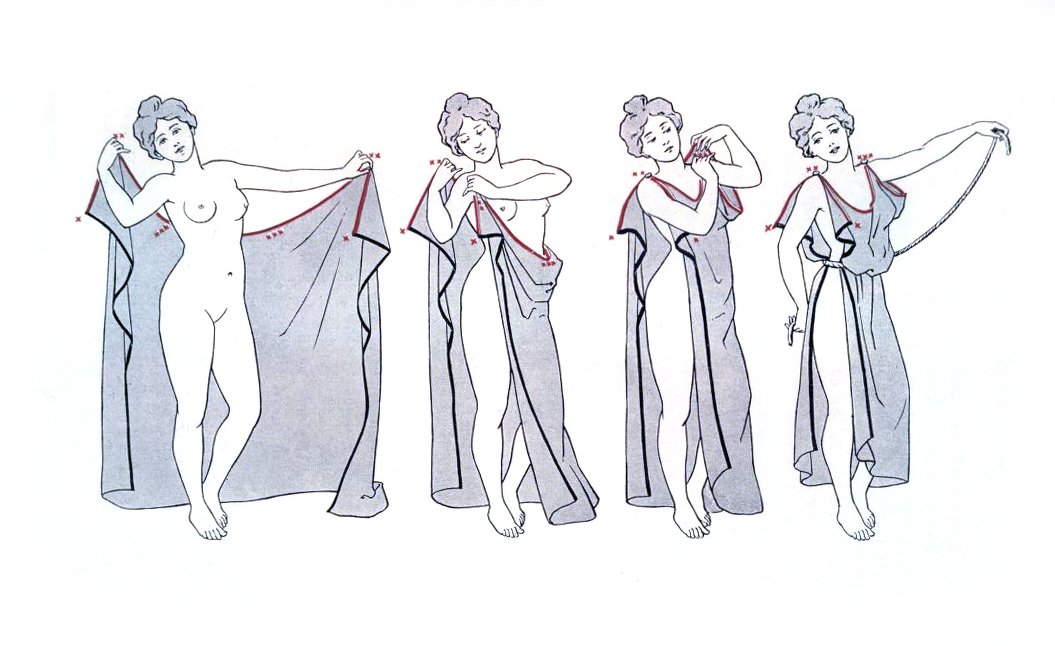 How to wear the Doric chiton, an ancient Greek dress.Illustration from Carl...