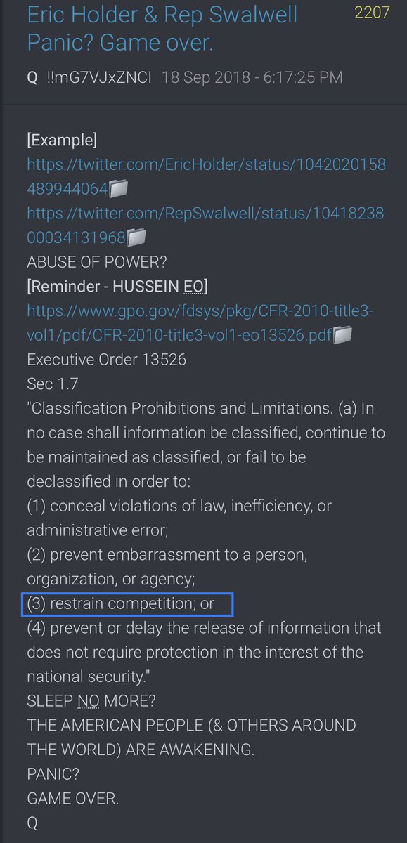 Monopolies? https://www.gpo.gov/fdsys/pkg/CFR-2010-title3-vol1/pdf/CFR-2010-title3-vol1-eo13526.pdfExecutive Order 13526Sec 1.7"Classification Prohibitions and Limitations. (a) In no case shall information be classified, continue to be maintained as classified, or fail to be declassified in order to:(3) restrain competition; or @POTUS