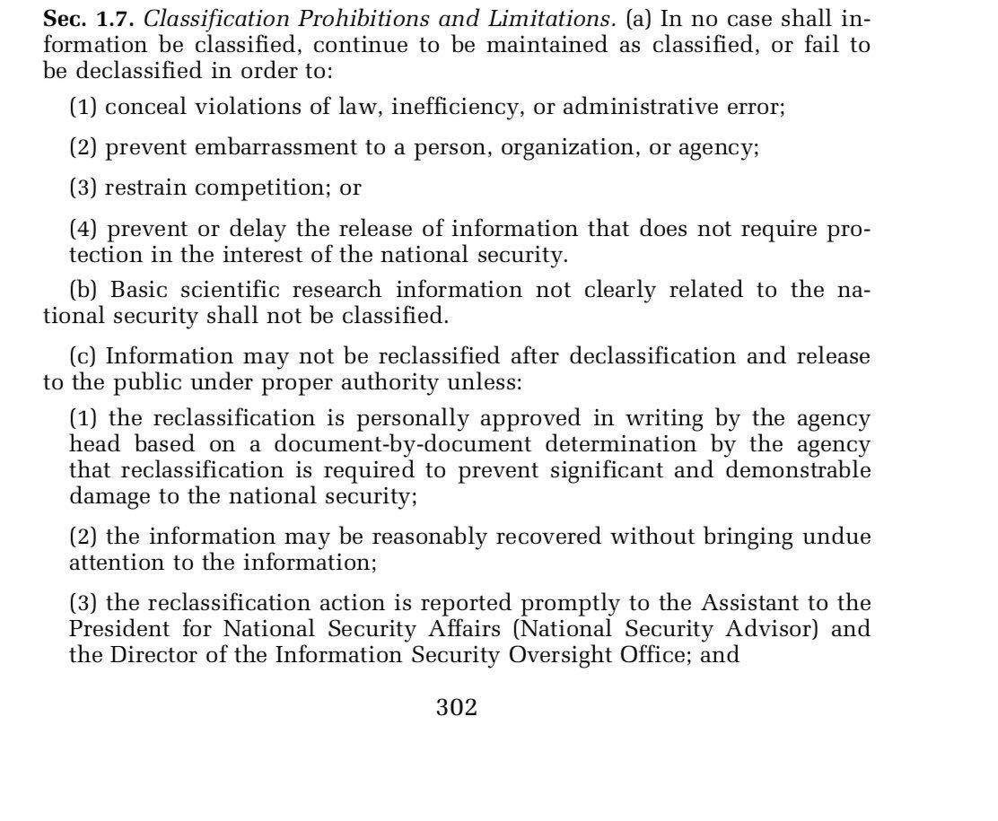 Monopolies? https://www.gpo.gov/fdsys/pkg/CFR-2010-title3-vol1/pdf/CFR-2010-title3-vol1-eo13526.pdfExecutive Order 13526Sec 1.7"Classification Prohibitions and Limitations. (a) In no case shall information be classified, continue to be maintained as classified, or fail to be declassified in order to:(3) restrain competition; or @POTUS