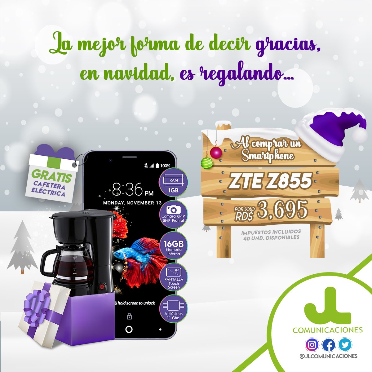 jlcomunicacion's tweet photo. En JL estamos en navidad 🎄. Ven disfruta de los regalos que Santa 🎅🏽 trajo para ti por la compra de una de nuestras ofertas!!!#smartphonerd #smartphone #ofertasjl #celularesrd #jlcomunicaciones #Bani #SanCristobal #Azua #Ocoa #peravia #Barahona #Higuey https://t.co/gJHef47WNR