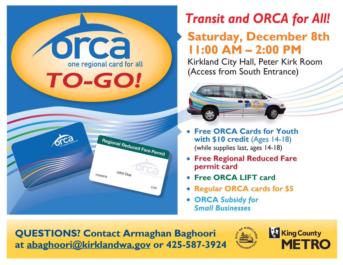 KingCountyMetro's tweet photo. Come see Gerald and Penny at #Kirkland City Hall until 2pm for ORCA products! Free ORCA cards for youth, free regional reduced fare permit card, free ORCA LIFT card, and regular ORCA cards for $5! 🎁 https://t.co/d6KyG41HIp