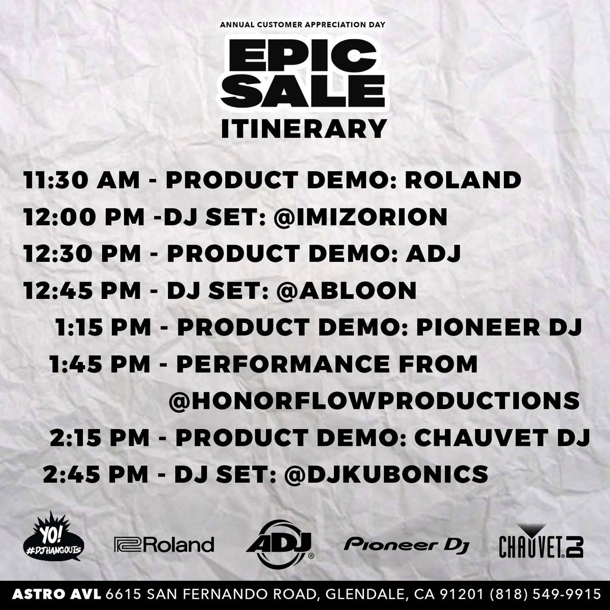 Astro AVL (@astroavl) on Twitter photo Here’s our entertainment line-up for today! We’re open til’ 6! S/O to #YODJHangouts for the sounds and to all of our reps from <a href="/Roland_US/">@Roland_US</a> #ADJ <a href="/PioneerDJglobal/">AlphaTheta/Pioneer DJ Global</a> and <a href="/ChauvetPro/">CHAUVET Professional</a>! #EPICSALE #AstroAVL Here’s our entertainment line-up for today! We’re open til’ 6! S/O to #YODJHangouts for the sounds and to all of our reps from <a href="/Roland_US/">@Roland_US</a> #ADJ <a href="/PioneerDJglobal/">AlphaTheta/Pioneer DJ Global</a> and <a href="/ChauvetPro/">CHAUVET Professional</a>! #EPICSALE #AstroAVL