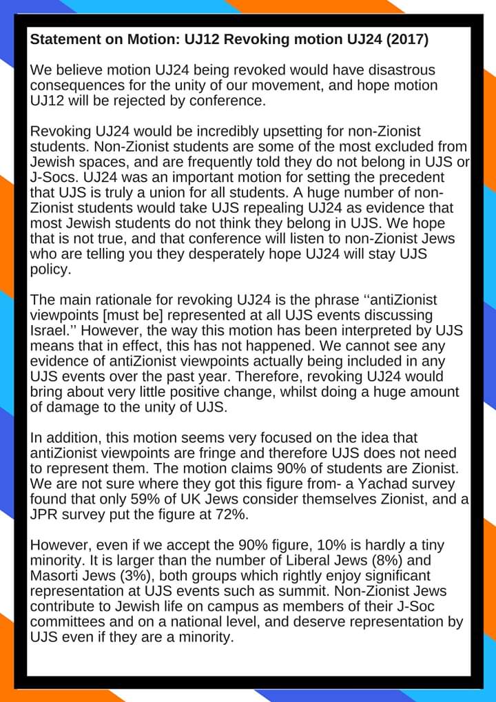 Joanna4UJS's tweet photo. Statement on UJ12.
As an anti-Zionist Jew, this motion would cause me an enormous amount of upset. I've spoken to a huge amount of Zionist students, who have shown me kindness and support during this campaign. I hope they will extend this support to voting down UJ12. https://t.co/f3DyQql4YE