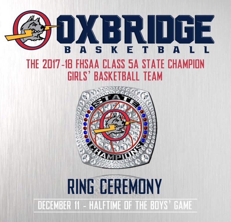 GoOxbridge's tweet photo. The Athletic Department will honor the 2017-18 FHSAA Class 5A State Champion Girls’ Basketball Team at halftime of Tuesday night’s boys’ basketball game vs. The King’s Academy. https://t.co/LXAQ083dGh