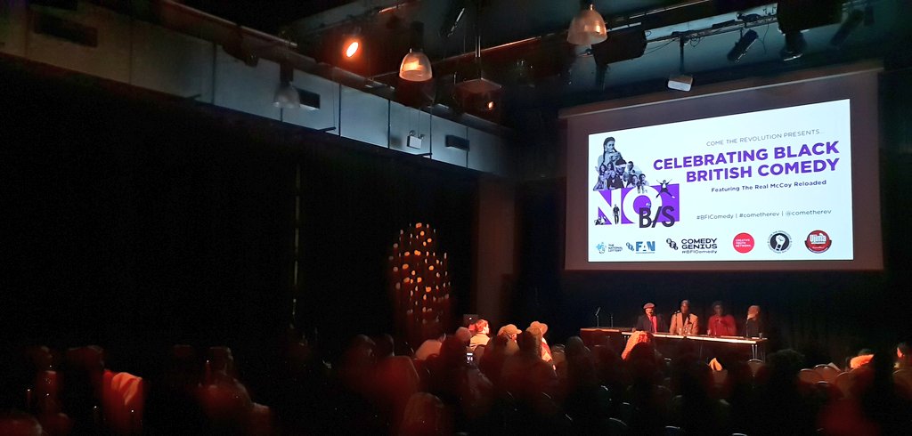 ZuukGambit's tweet photo. Audience in stitches &amp; shaking their heads in recognition &amp; sympathy @ #cometherev's #BFIComedy NO B/S celebration of Black British History. Insightful, funny &amp; sad Q&amp;A with The Real McCoy cast members-sharing their experiences &amp; reflecting on position of POC on TV - then &amp; now https://t.co/yDknIarvK9
