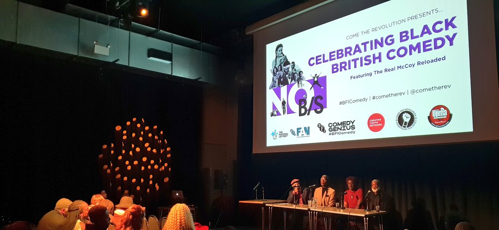 ZuukGambit's tweet photo. Audience in stitches &amp; shaking their heads in recognition &amp; sympathy @ #cometherev's #BFIComedy NO B/S celebration of Black British History. Insightful, funny &amp; sad Q&amp;A with The Real McCoy cast members-sharing their experiences &amp; reflecting on position of POC on TV - then &amp; now https://t.co/yDknIarvK9