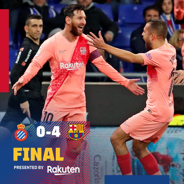 ⏰ Final del partit! 
⚽ RCD Espanyol 0-4 FC Barcelona
👟 Leo Messi (x2), Dembélé &amp; Suárez
🔵🔴 #EspanyolBarça