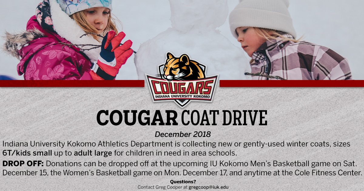 Have an extra coat lying around? Donate it! Through the month of December, <a href="/IUKAthletics/">IU Kokomo Athletics</a> is collecting coats in most sizes for those in need in area schools. More details below.

#CougarsCare | #CougarCountry