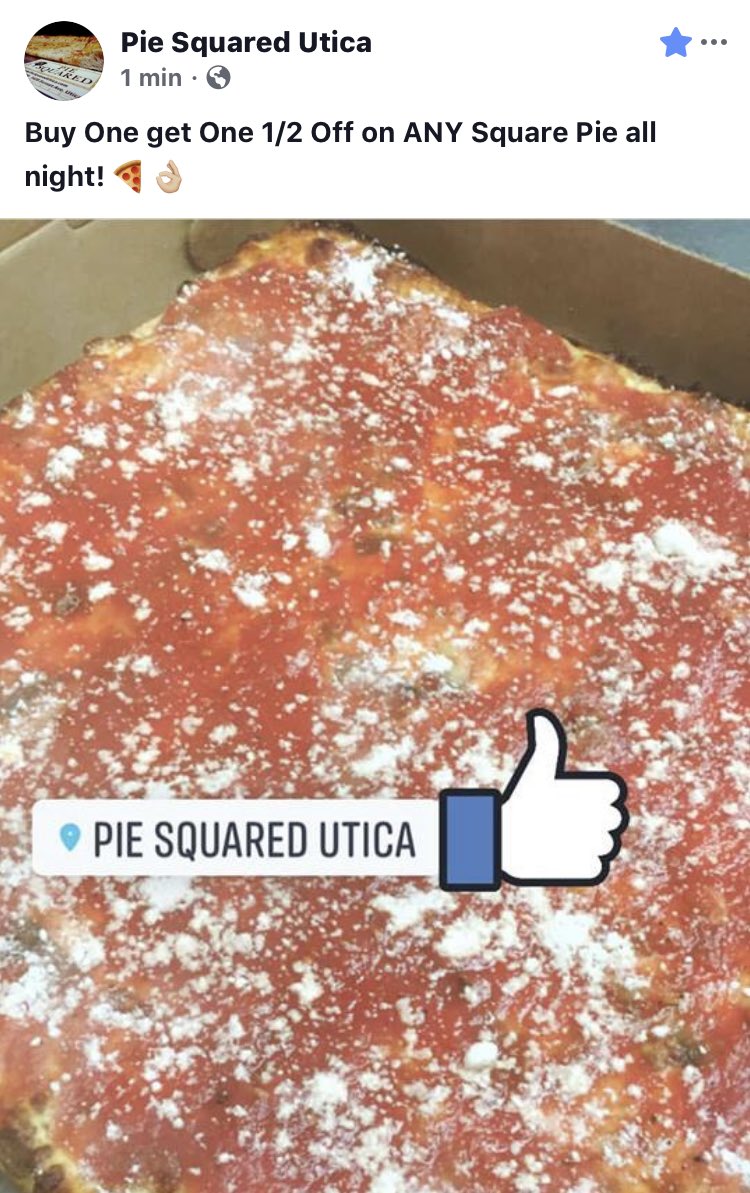 PieSquaredUtica's tweet photo. BOGO 1/2 off on ANY Square Pie ALL NIGHT😬 (315)507-4099 https://t.co/beLHuiSUIM
