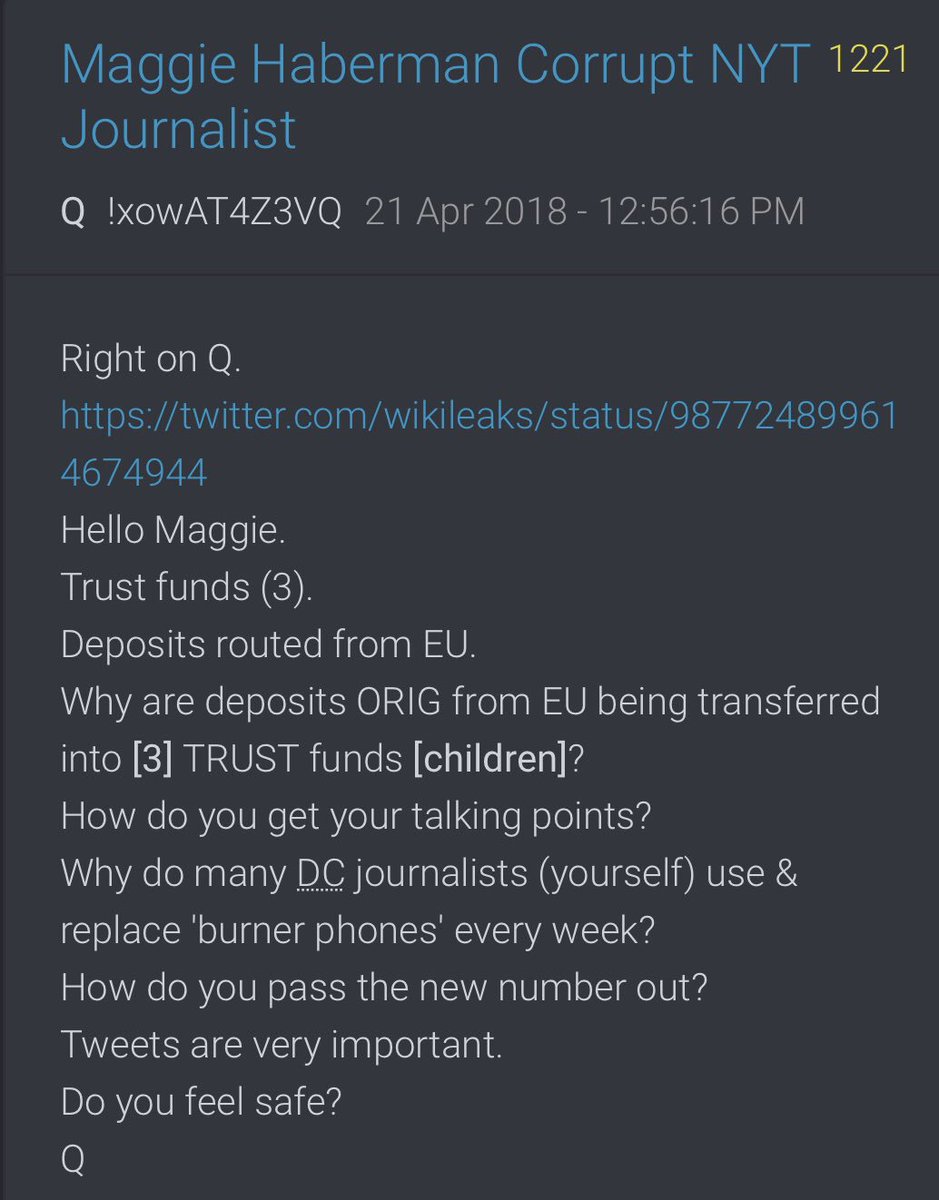 Maggie Haberman?Q1221Hello Maggie.Trust funds (3).Deposits routed from EU.Why are deposits ORIG from EU being transferred into [3] TRUST funds [children]?Q1221 @POTUS tweet. Maggie per of Clinton’s. These trusts are not found in the ordinary LAW SCHOOLS,except CORNELL.