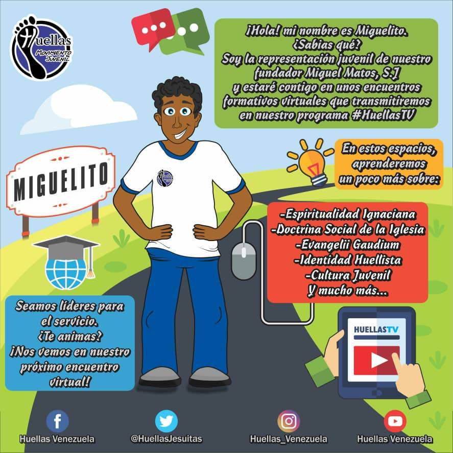 Caracascentro's tweet photo. Vamos a darle la bienvenida a ¡Miguelito! 👏😊

Él es la representación juvenil de nuestro fundador Miguel Matos S.J 🙌 y estará con nosotros en unos encuentros formativos que realizaremos a través de nuestro programa #HuellasTV 🎥😊 https://t.co/8rzknhYAuE