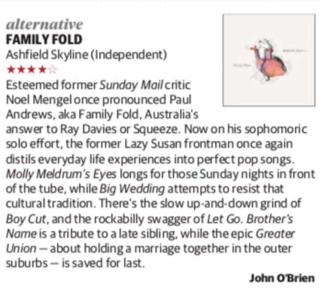 4 stars for my band <a href="/familyfold/">familyfold</a>’s new album in Brisbane’s Sunday Mail. Thanks John O’Brien for your kind words. 
#familyfold #ashfieldskyline
