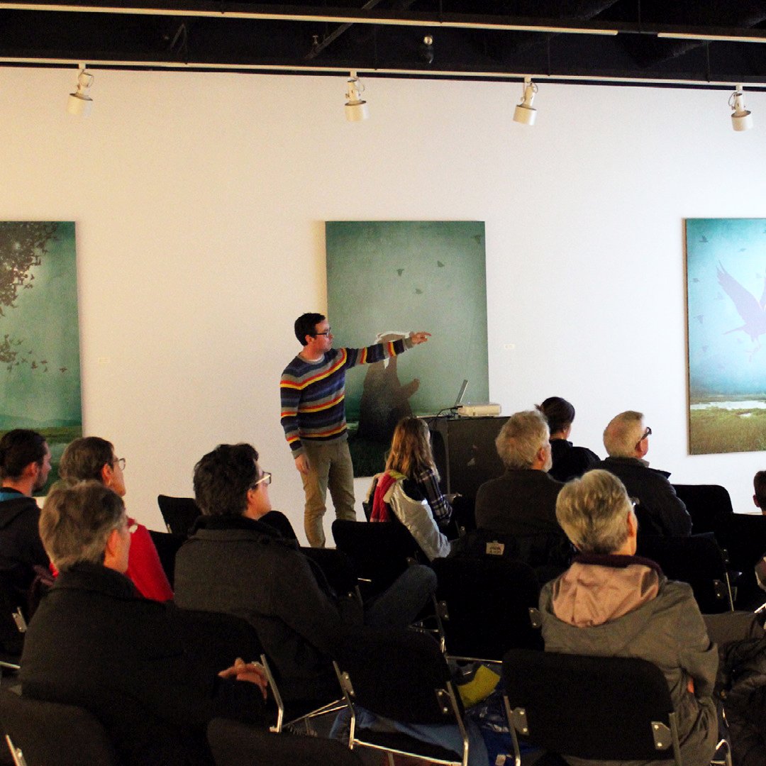 VernonAGallery's tweet photo. VPAG would like to say a big thank you to Myron Campbell for coming in to talk about your exhibition "Ghosts of Robert Lake," and thank you to everyone who attended! #localartist #supportlocalart #artisttalks #arteducation #contemporaryart #vpag #vernonevents https://t.co/6qyfHasVEu