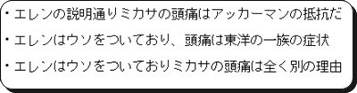 アース 進撃の考察管理人 A Twitteren ミカサの頭痛について記事を書いています 書いている内に 投票でみなさんの意見を聞いてみたくなりました ミカサの頭痛はエレンの説明通り アッカーマン一族の抵抗による症状だと思いますか 記事にも反映したいと考えてい