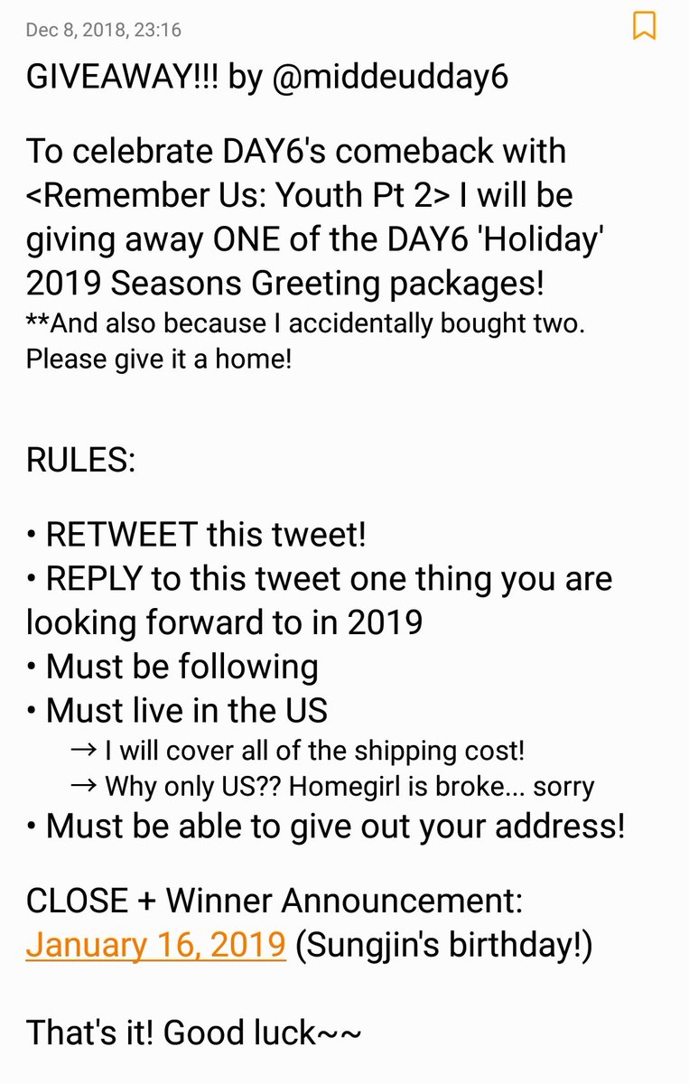 middeudday6's tweet photo. Giveaway to celebrate DAY6's comeback! 
Make sure to read the rules carefully~

Deadline: January 16, 2019
#DAY6 #데이식스 #RememberUs #행복했던_날들이었다 https://t.co/5r8GR6oQXV